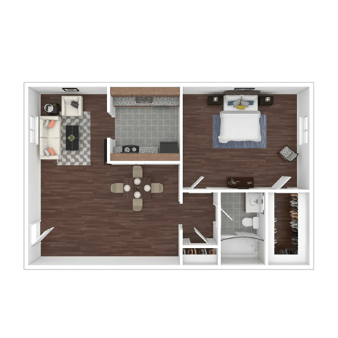 A top-down view of a small apartment with a kitchen, living room, and bathroom.